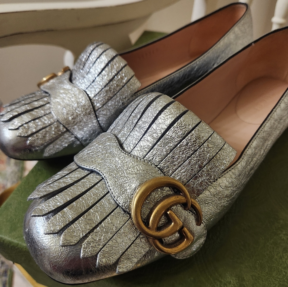 Gucci metallic silver Marmont ballet flats